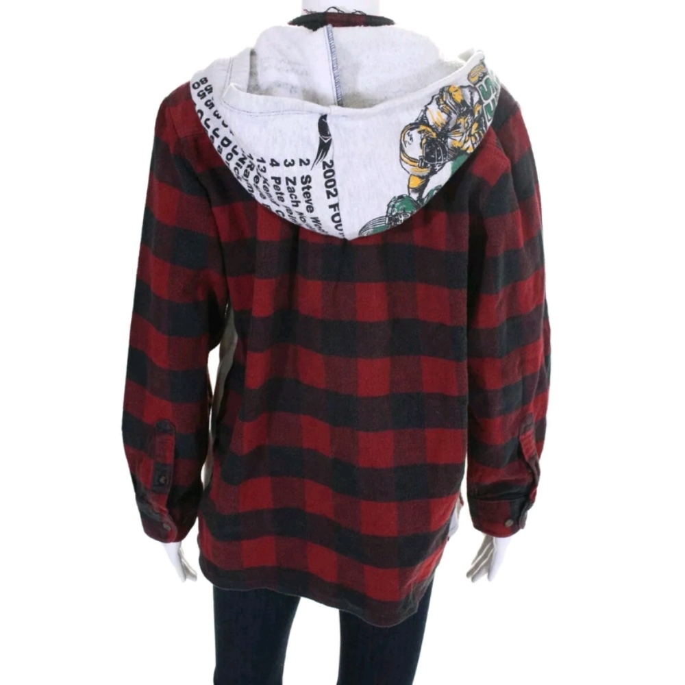 SNAP BLACK RED GRAY COTTON CHECKER HOODED SWEATER - Picture 3 of 5